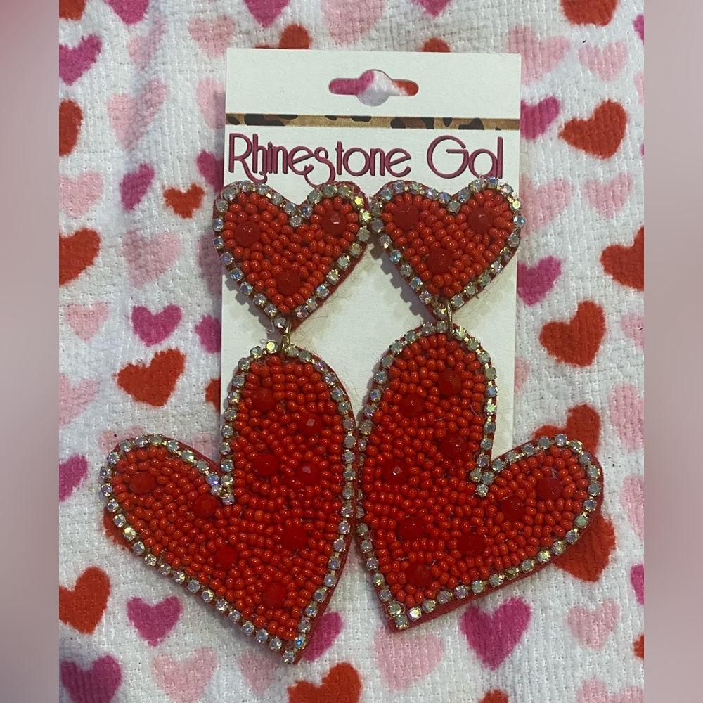 BRAND NEW WITH TAGS Red Rhinestone Beaded Heart Dangle Earrings